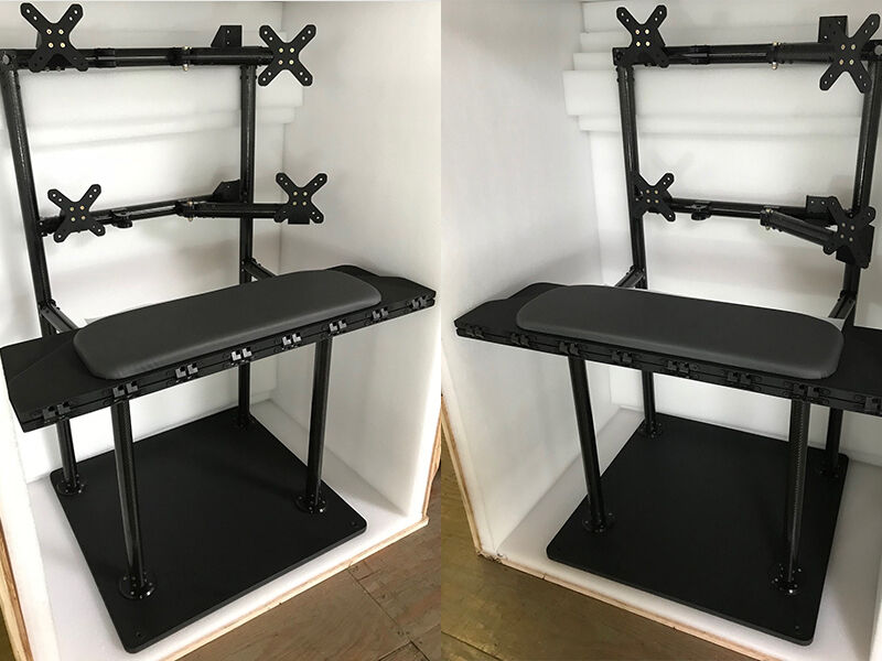 Side-by-side images, from different angles, of the avionics workstation in its shipping crate.